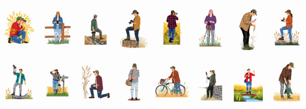 Collection of outdoor photographers and nature enthusiasts in various rural landscapes, featuring people with cameras in wheat fields and natural settings.