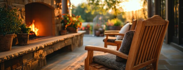 Fototapeta premium Outdoor living space with stone fireplace and wooden chairs at sunset 