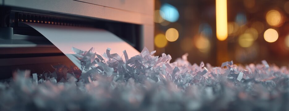 Paper shredding machine processing documents with shredded paper on floor  