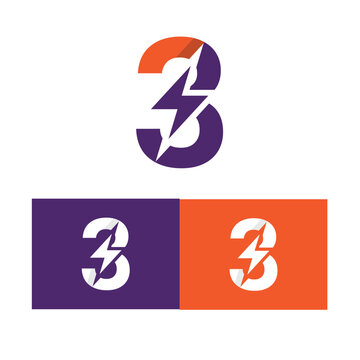 This is a logo design of a number 3 with a flash lightning icon on the center. The logo looks fresh in purple and orange combination.