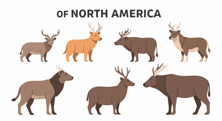 Obraz premium Diverse antlered mammals, various hues, rendered in flat illustrative style