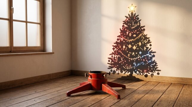 An empty Christmas tree stand, shadow shows fully decorated tree