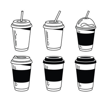 Collection of six hand-drawn disposable coffee cups with lids and straws