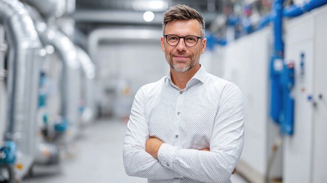 Confident Engineer in Industrial Facility: A middle-aged engineer with glasses and a crisp white shirt stands confidently with arms crossed in a modern industrial facility.