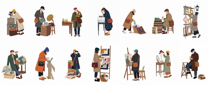Flat Vector Illustration Set of People Browsing Vintage Goods, Antiques, and Collectibles at a Flea Market Isolated on White Background.