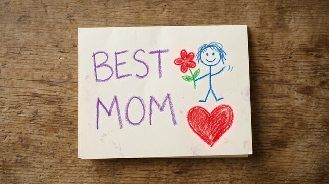 A handmade card on a table, crayon drawings moving slowly like a flipbook
