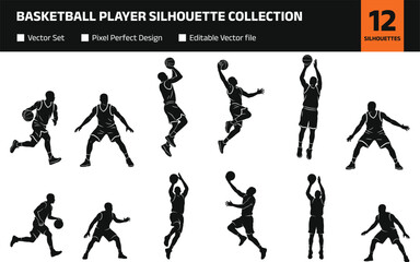 Basketball Player Silhouette Collection with Dribbling Shooting and Jumping Actions for Sports Graphic Design and Athletic Branding © GeetaRani