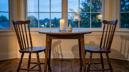 Fototapeta premium Two empty chairs facing each other, a single candle between them, not yet lit