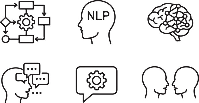 Artificial intelligence and natural language processing icons set for technology and brain computing