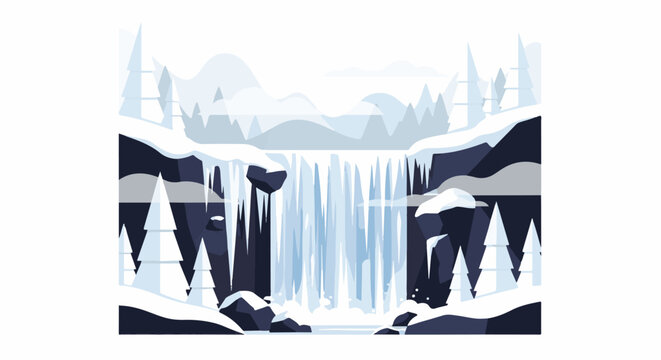 Icy waterfall cascades down rocks amidst snow-covered pines and distant mountains