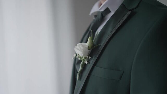 Close view of groom suit with white boutonniere flower pinned on lapel elegant detail
