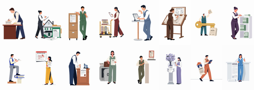 Comprehensive flat vector illustration set of professional characters engaged in various mortgage process stages including loan applications, document signing, and home financing.