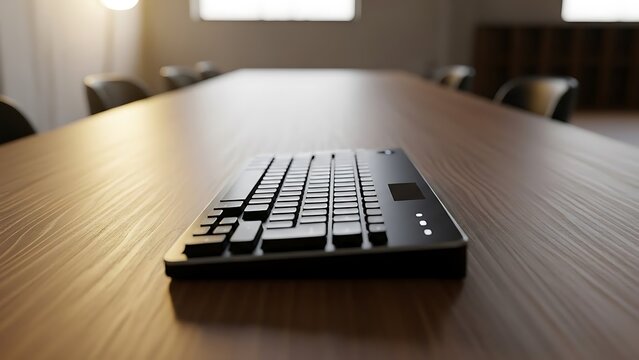 Keyboard on wooden office desk table.