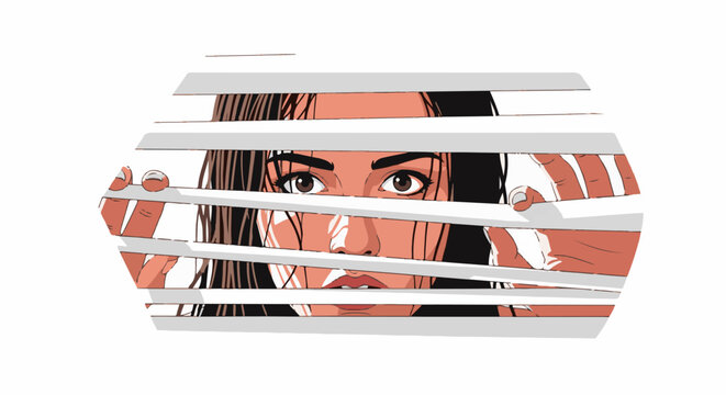 Intense close-up of a woman peeking through horizontal blinds, her eyes wide