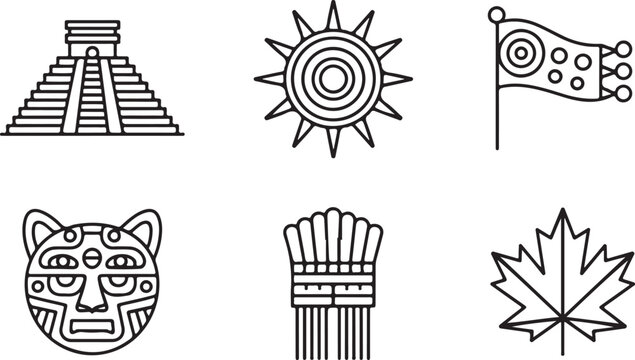 Set of six thin line icons representing mexican and canadian culture and ancient history symbols