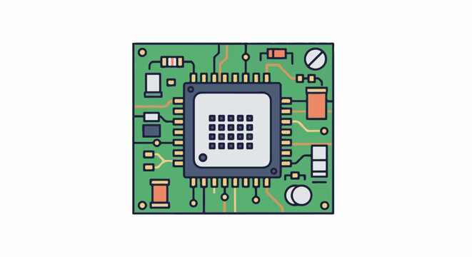 Flat design illustration of a green circuit board with a central processor