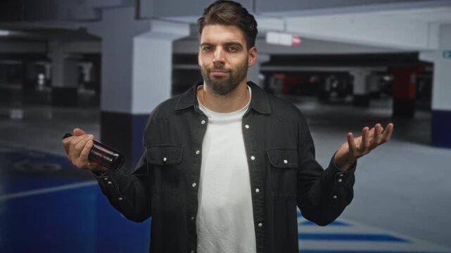 Man holding beer bottle with palms up shrugging gesture in parking building; uncertainty doubt casual.