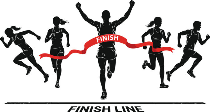 Running Athlete Finish Line Silhouette Illustration with Marathon Victory and Sports Competition Graphic Design Elements