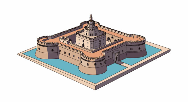 Isometric illustration of a multi-level castle surrounded by blue water and battlements