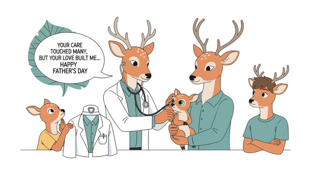 Father's Day Deer Family: An adorable cartoon of a deer family gathered on Father's Day, with the father deer being examined by a doctor deer.