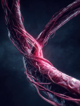 Abstract medical illustration of an aneurysm with bulging vessel wall and pressure in dark visualization context