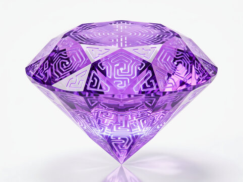 A vibrant purple diamond with intricate circuit board patterns embedded within its facets, reflecting light on a white background.
