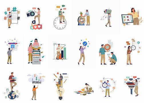 Collection of flat vector illustrations depicting various digital marketing, social media management, content creation, and data analysis concepts for modern business strategies.