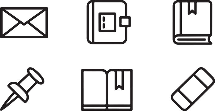 Set of simple black line icons including envelope diary book push pin and eraser for office work