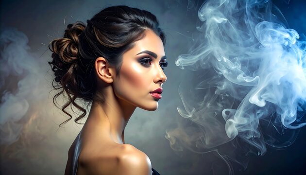A woman with dark hair and makeup surrounded by smoke