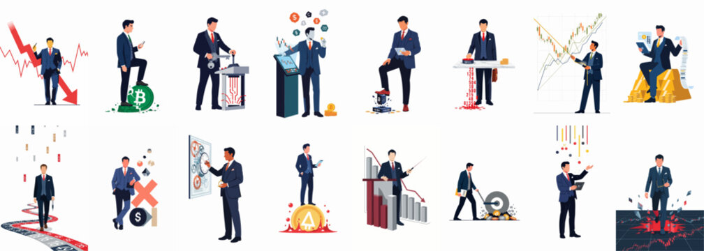 Set of Vector Illustrations Featuring a Businessman Engaged in Stock Market, Cryptocurrency, and Financial Trading Concepts in Various Scenarios