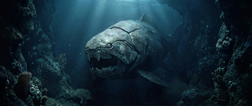 Dunkleosteus in Deep Ocean Cave &ndash; Realistic Prehistoric Armored Fish Paleo Art