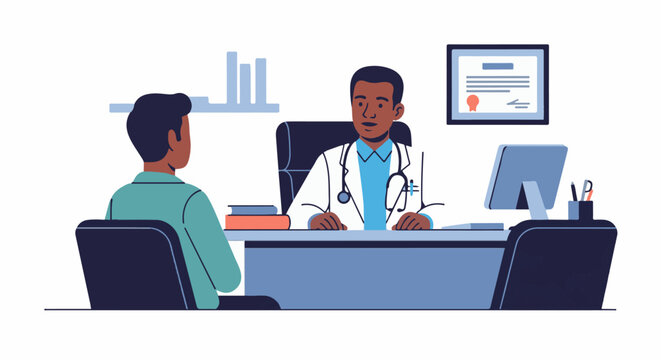 Doctor in white coat talks to patient sitting in office with computer and framed diploma