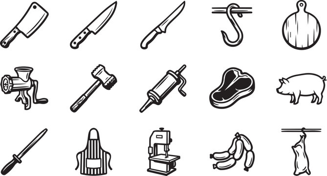 Vintage butcher shop icons set with meat processing tools and animal silhouettes for traditional butchery.