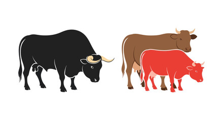 Fototapeta premium Diverse Herd of Cattle: Black Bull, Brown Cow, Red Calf