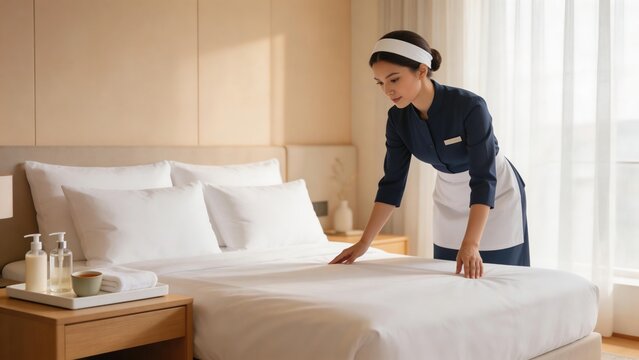 Hotel staff making bed in room