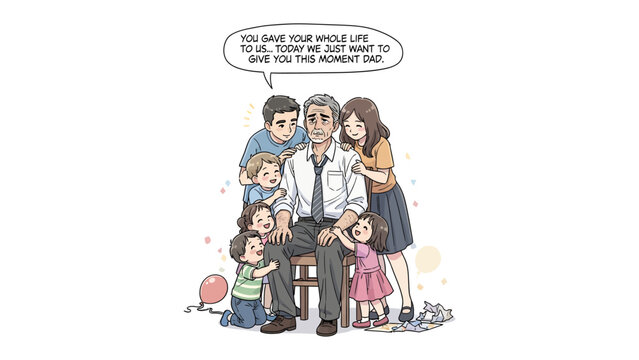 Cherished Moment: Family honors patriarch in a tender display of love and appreciation, with a heartwarming message. 