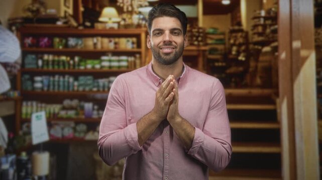 Hispanic man with beard clasping hands in a wooden shop building, wearing pink button shirt, facing camera with pleading gesture; calm gratitude introspection.