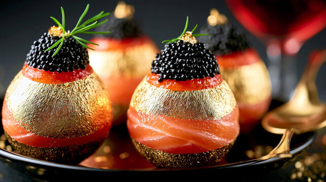 Luxury salmon appetizers topped with black caviar and edible gold dust on a black plate fish roe appetizer