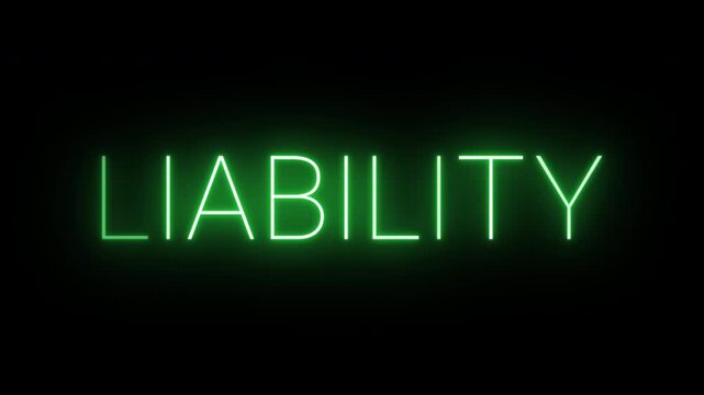 Flickering neon green glowing liability sign animated black background.