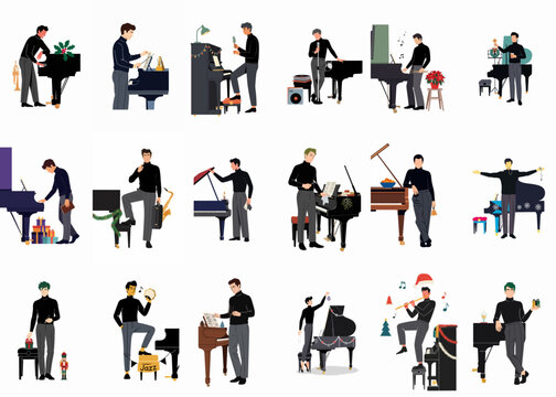Elegant Collection of Minimalist Illustrations Featuring Male Musicians Playing Pianos and Instruments in Various Festive Christmas and Jazz-Themed Settings