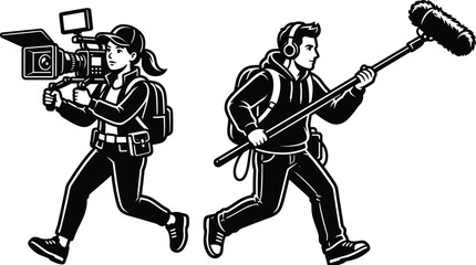 Fototapeta premium Capturing Breaking News: Agile Soundman and Camerawoman Personel Sprinting, Featuring Clean Outlines for Scalable Advertising.