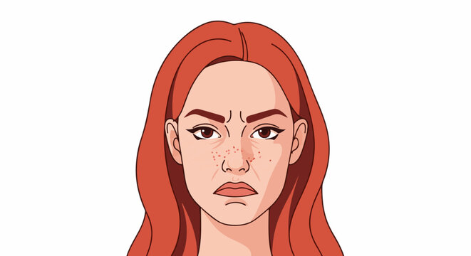 Frowning woman with red hair and freckles, expressing annoyance
