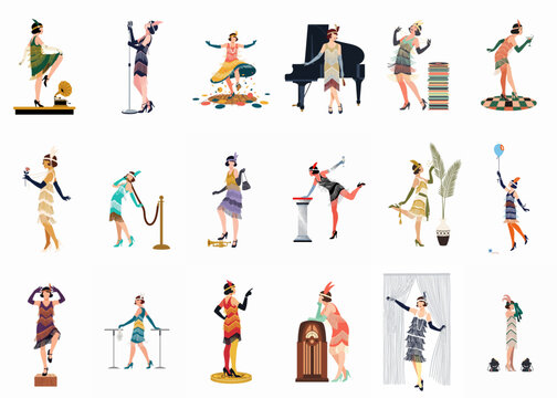 Vector Illustration Set of Roaring Twenties Flapper Girls in Vintage Fashion, Dancing, Singing, and Enjoying the Jazz Age Atmosphere.