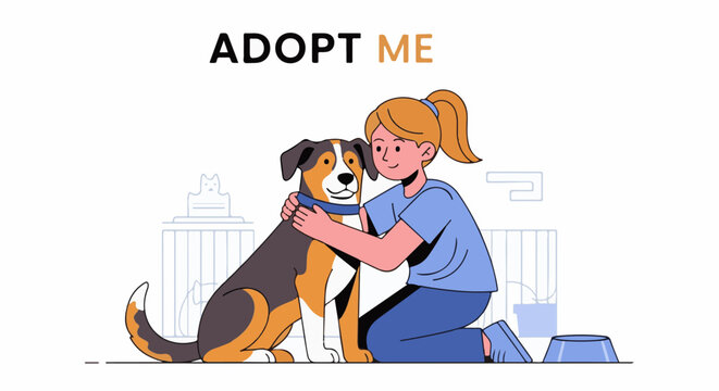 Girl embraces dog, promoting adoption with text