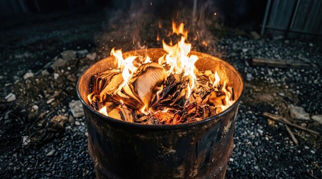 Burning papers and documents in a metal drum outdoors representing destruction and finality concepts