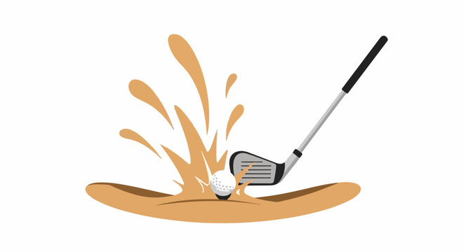 Golf club striking ball in sand trap with splash effect