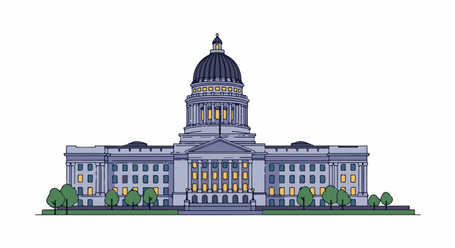 Government building with a dome and illuminated windows, surrounded by trees