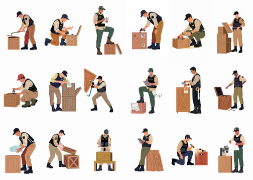 Flat Vector Illustrations of Customs Officers Inspecting, Scanning, and Processing Wooden Cargo Crates for Security and Export Control