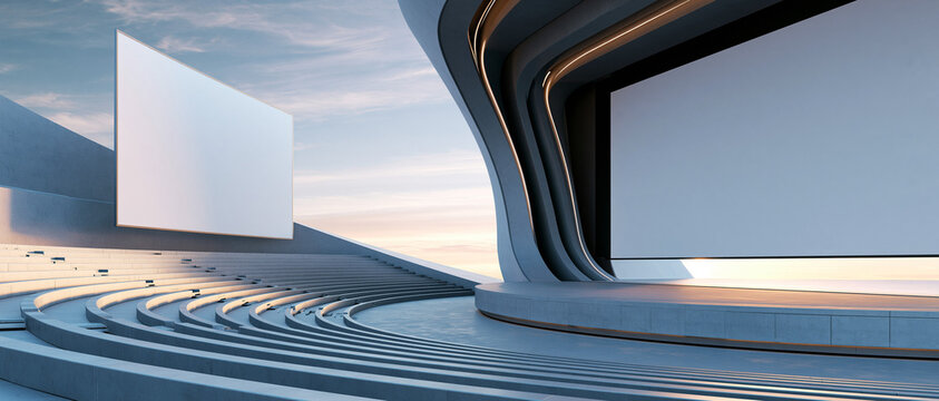 Modern outdoor stage with empty screens set against sunset sky  