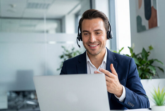 Smiling call center agent with a headset working on a laptop in a modern office